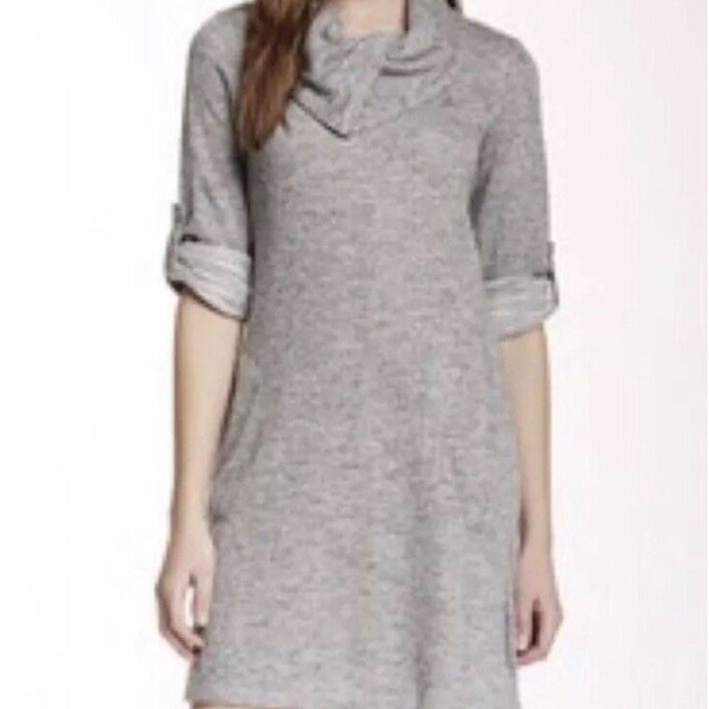 Womens Heather Grey Marled Knit Cowl Neck Tunic Dress Roll Tab Sleeve Pockets - Picture 1 of 6